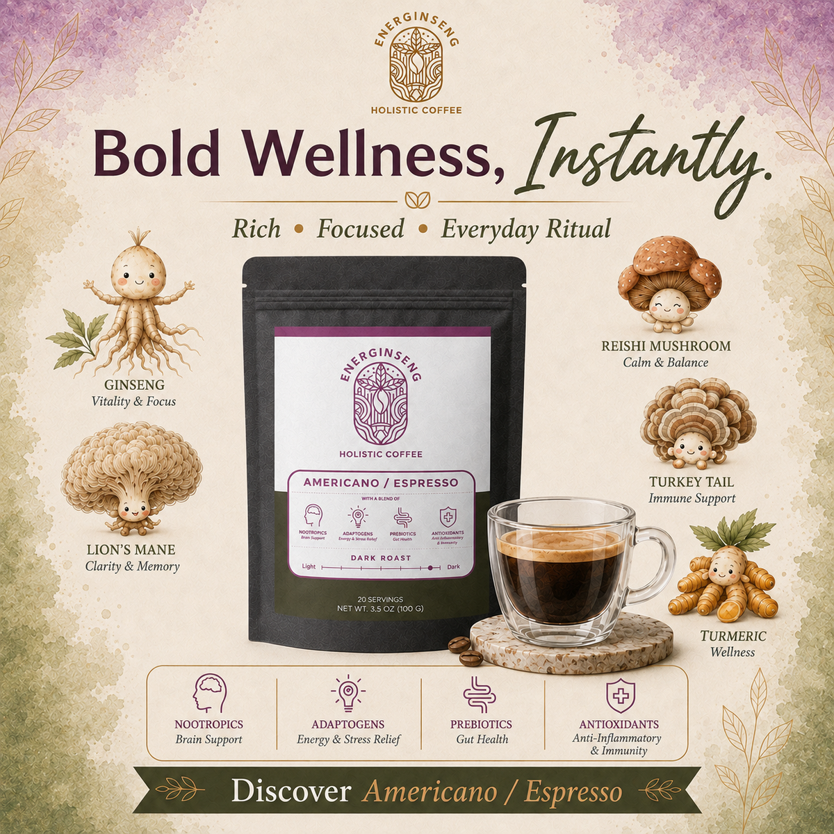 Instant Mushroom Coffee Americano | Lion’s Mane + Ginseng
